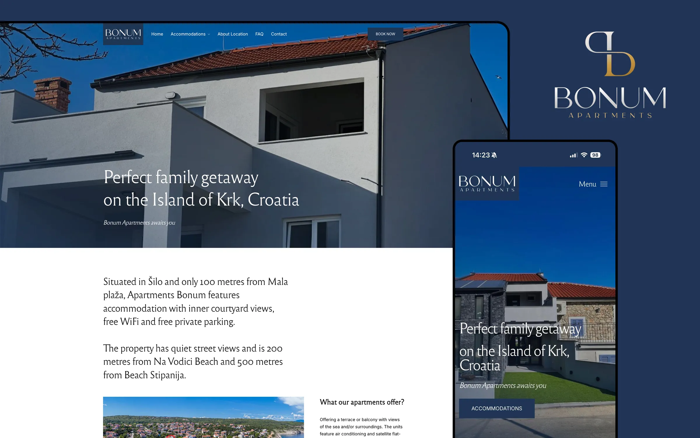 Bonum Apartments web, mobilni prikaz i vizualni identitet