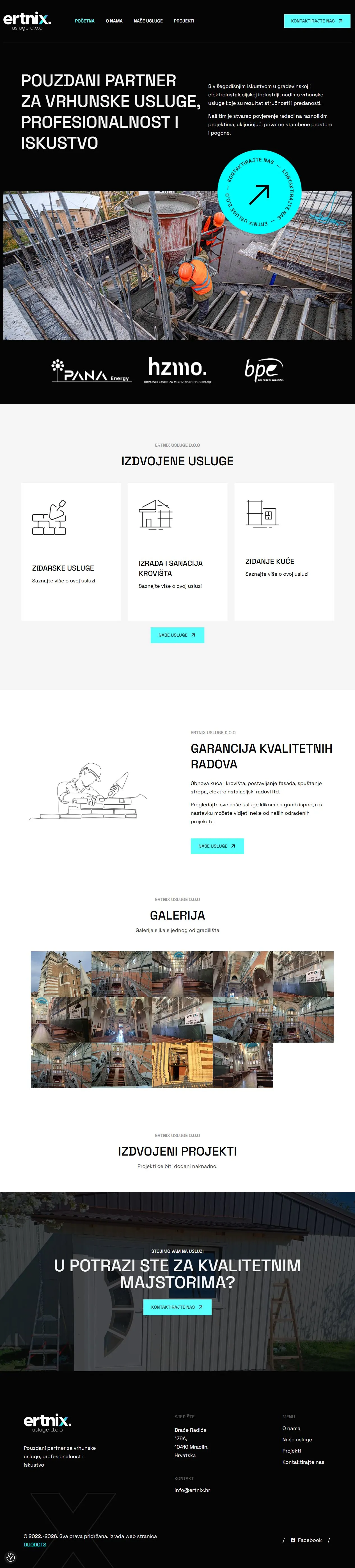 Web-stranica Ertnix Usluge s ponudom usluga i projektima