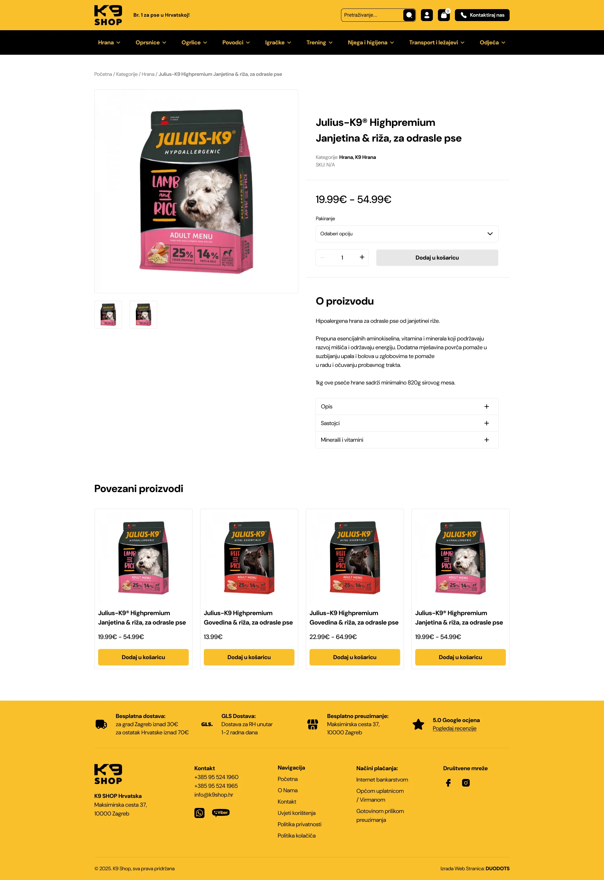 K9 Shop stranica proizvoda s informacijama i kupnjom